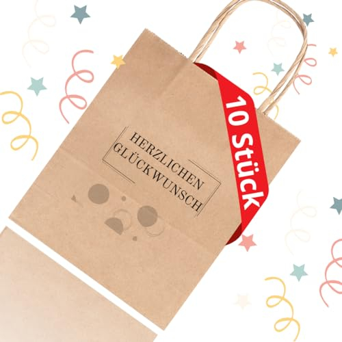 Solvera* 12stk Geschenktüte Herzlichen Glückwunsch 100% recyceltem Kraftpapier Papiertüten, Kordel-Henkel Geschenktasche Papiertragetasche, Partys Geburtstag Weihnachten (Braun, 12stk (18x21x8))