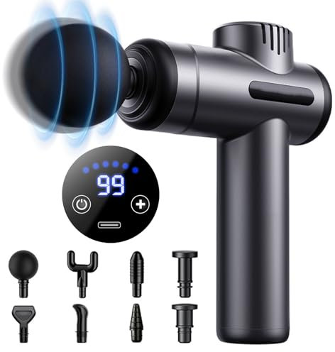 Bizcasa Pistola de Masaje Muscular,99 Velocidades,8 Cabezales de Masaje,Pantalla LCD Táctil, Carga Tipo-C,Ultra Silencioso Eléctrica Masajeador de Músculos para Aliviar el Dolor Muscular Fatiga
