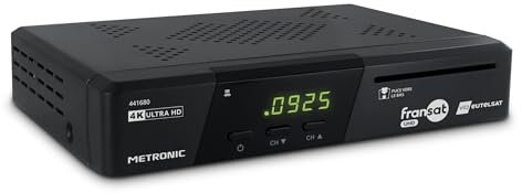 METRONIC 441680 Décodeur Fransat 4K UHD HDR10 Satellite, Réception TNT Gratuit, Son Dolby Atmos, Port USB Double Power, Carte Fransat Incluse, Pause et Lecture TV (Time Shift)