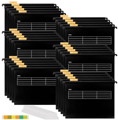 FWEEK 30 Stück Hängemappen A4, Polyethylen Aktenschrank Hängemappen mit Tabs und Karteneinlagen, Schwarz Hängemappen Aufbewahrung für Schule Zuhause Arbeit