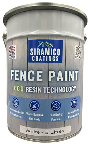 SIRAMICO COATINGS Fence Paint | 5 Litres | Waterbased ECO Resin Technology | 6 Luxury Colours | Smooth Matt Finish for outdoor wood protection | 10 Year Colour Guarantee (White)