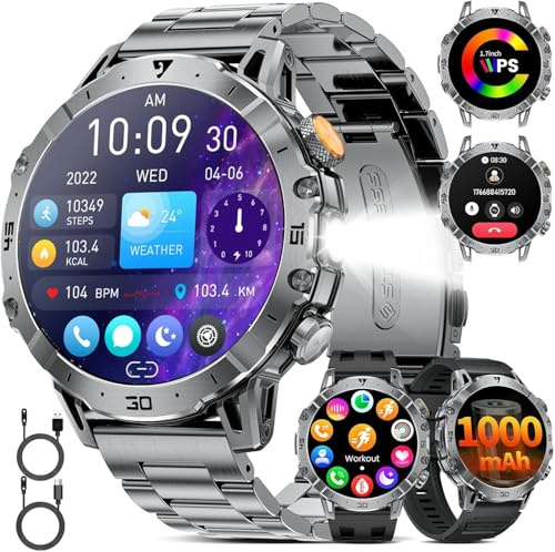 Montre Connectée Homme Militaire,1000mAh Longue Autonomie Batterie/1.7‘’ Grand Écran avec Appels/Lampe de Poche/IP68 Étanche Fréquence Cardiaque/Pédomètre,3 Bracelet Smartwatch pour Android iOS