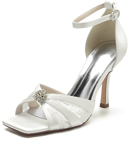 EICOFF Scarpe col Tacco Donna Punta Aperta Strass Décolleté da Sposa con Tacco Alto Cinturino alla Caviglia Scarpe da Matrimoni Feste Abito,Avorio,36 EU