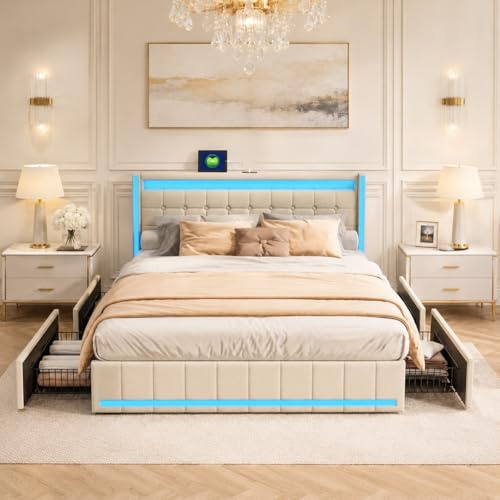 BRILVERDE Cama acolchada para cama doble de 140 x 190 cm con espacio de almacenamiento, cama con 4 cajones, cabecero LED con función de carga USB, lino (beis, 140 x 190 cm)