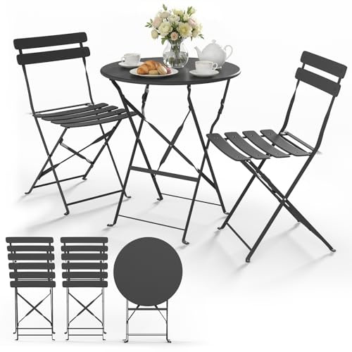 vounot® Ensemble de Bistrot Pliant Mobilier de Jardin en Métal 3 Pièces avec 1 Table et 2 Chaises Résistant aux Intempéries et aux UV pour Balcon Terrasse et Jardin Gris