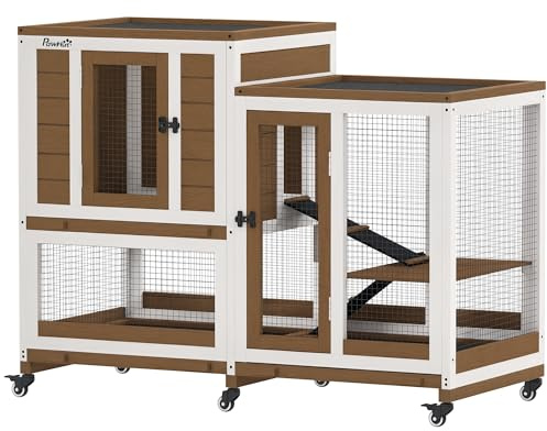 PawHut Conejera de Madera de 2 Niveles 6 Ruedas 110x50x86 cm Marrón