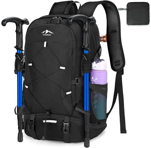 RAINSMORE Wanderrucksack Herren Damen 40L Wasserdichter Rucksack Groß Faltbarer Trekkingrucksack Leicht Reiserucksack Für Klettern Bergsteigen Reisen Schwarz