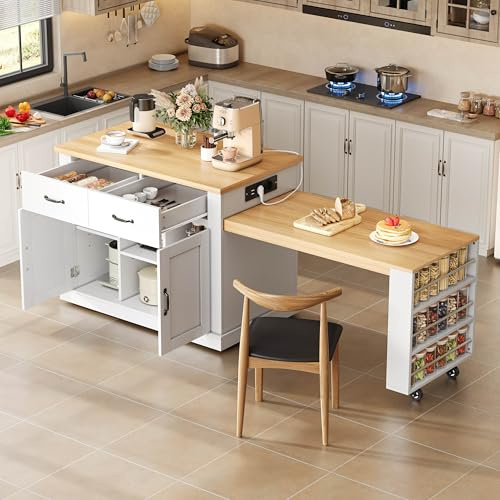 NuvlaGu Isola della cucina arrotolabile con tavolo da pranzo allungabile, carrello da cucina con tavolo da bar, 7 ruote, prese e USB, molto spazio, MDF, bianco, rovere, 132 (235) x 60 x 93 cm