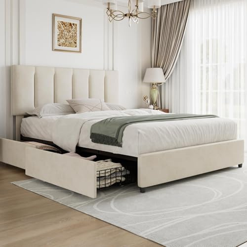 VECELO Lit Double Rembourré 140 x 190 cm avec 4 Tiroirs et, Tissu Velours, Support à Lattes en Bois Solide, Tête de Lit Réglable en Hauteur, Facile à Assembler, Beige