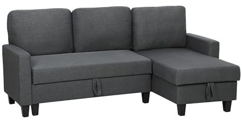 HOMCOM Ecksofa mit Schlaffunktion L-Form 3-Sitzer Sofa mit Bettkasten, Leinenoptik Ausziehbares Schlafsofa mit Verwandelbarer Chaiselongue für Wohnung, Wohnzimmer, Dunkelgrau
