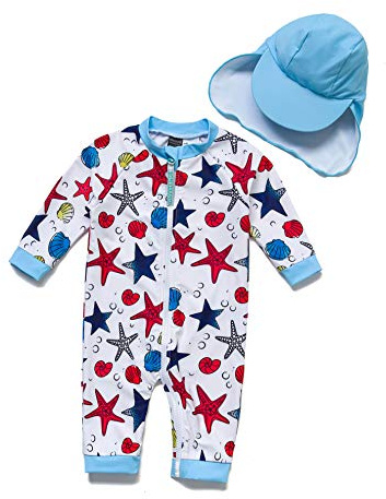 BONVERANO Bañador recién Nacido Manga 3/4 con protección UV 50+ con Cremallera(Azul-Estrella de mar,3-6meses