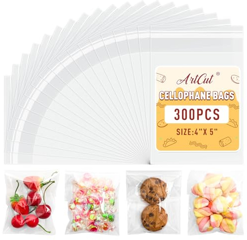 ARTCUT 300 Pcs Cellophane Bags, 4 X 5 Cookie Bags, Self-Adhesive Opp Bag | Sweet Bags, Self-Seal Cellophane Bags for Cookies, Biscuits, Sweets and Small Gifts
