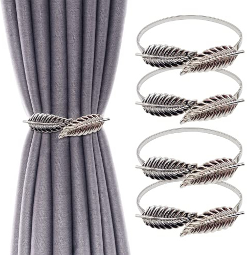 4Pack Curtain Tiebacks Aluminum Alloy Spring Design Curtain Holdback Leaf Carving Design Curtain Ties for Drapes Curtain Ties Backs Curtain Modern Style Curtain Holdback Decor (Silver Leaf 2)