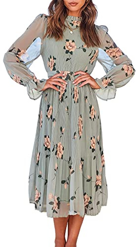 ANRABESS Women's Floral Chiffon Midi Dress Puff Long Sleeve Mock Neck Summer Wedding Guest Party Dresses Fall 2025 Outfits Floral Green Small