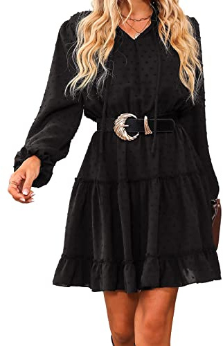 CUPSHE - Vestido casual para mujer, con volantes, con cordón, de manga larga, con cuello en V, sin cinturón, holgado, para fiesta, línea A, minivestido de cóctel, Negro, S