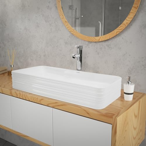 ML-Design Lavabo en Céramique Blanc, 68 x 38 x 12 cm, Rectangulaire, Vasque à Poser sur Plan de Toilette, Lave-Mains Évier pour la Salle de Bain/WC Invités, Design Moderne, sans Matériel de Montage
