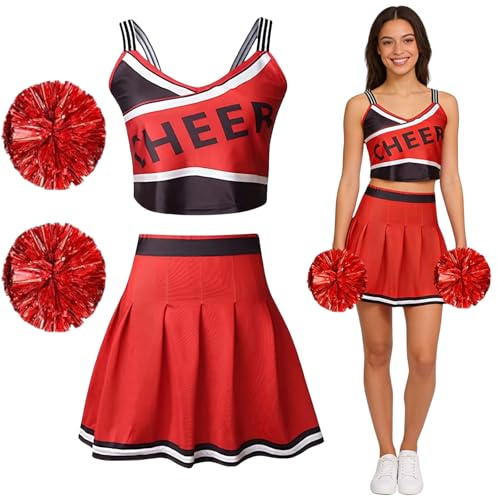 maxToonrain Cheerleader-Kostüm für Damen mit Zugring, Pompons, Highschool-Mädchen-Outfit, Tops mit Doppelriemen und Rock, 3-teiliges Cheerleader-Uniform-Kostüm-Set (Rot und Schwarz, M)