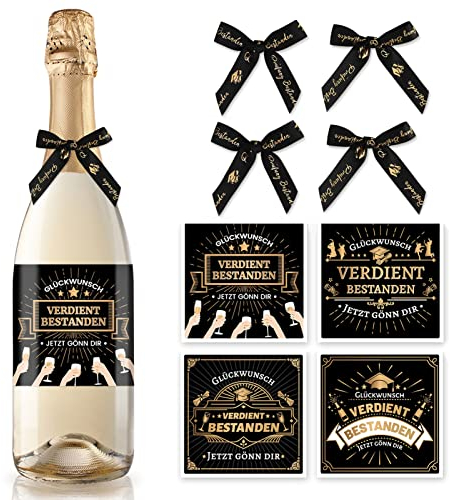 HOWAF 4 Flaschenetikett Verdient Bestanden, Abschluss Flaschenetikett Graduation Aufkleber Prüfung Bestanden Schleife für führerschein bestanden Bachelor Abschluss Geschenk ABI Abitur 2025 Geschenke