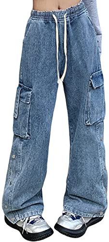 Veryin Baggy Jeans Pantalón Cargo Mujer Boyfriend Mujer Relajados Pierna Recta con Bolsillos Cargo Pantalones De Trabajo con Cadena