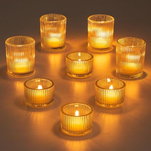 Glasseam Glass Tealight Candle Holder: Set of 8 Ribbed Clear Votive Candle Holders for Table Centerpiece, Decorative Small Vintage Tea Lights Candle Holder for Wedding Christmas Dining Room Decoration