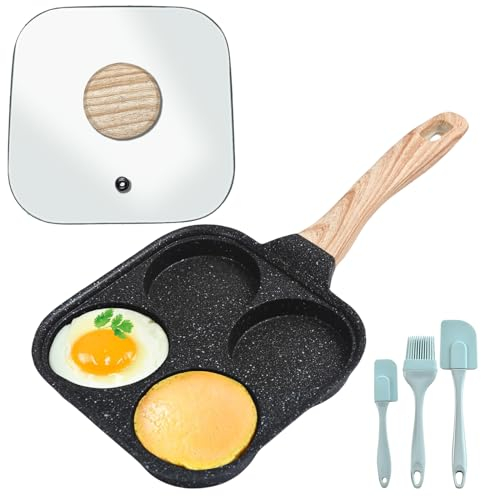 Nizirioo Sartén para huevos fritos antiadherente con tapa, 4 agujeros, con pincel de aceite de silicona y 2 espátulas, sartén para huevos con mango de madera, para cocina de gas (negro, 37 cm x 19 x