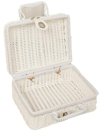 Tomotato Rétro Boîte de Pique-Nique Tissée, 11×17×26cm Valise en Rotin en Plastique, Panier de Pique-Nique avec Poignées et Serrure en Métal pour Camping en Plein Air, Accessoire Photo(M-Blanc)