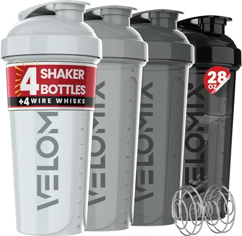 VELOMIX -4 PACK- 828ml Protein Shaker Bottle -4x Wire Mixball | Leak Proof Shaker For Protein Shakes | Large, Stackable Protein Shake Bottle | Dishwasher Safe Gym Bottle (Silver Mix)