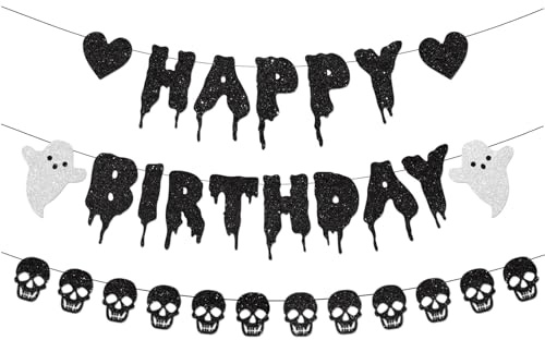Hebterrka Pancarta de cumpleaños de Halloween con purpurina negra, guirnalda de calaveras de corazón negro, decoraciones de feliz cumpleaños para fiestas de cumpleaños de Halloween, decoraciones