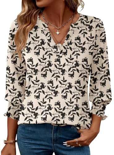 Rapbin Damen Bluse 3/4 arm langerm V-Ausschnitt Tunika Sommer Tops Slim fit Shirt Elegant Lässig Oberteil 2025 (M, Aprikose Schwarze Blume)