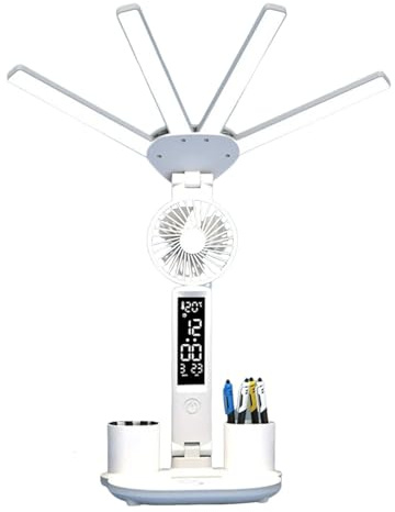 Lámpara de escritorio LED para oficina y hogar, lámparas de escritorio con ventilador, lámpara de mesa brillante de cuatro cabezas, lámpara de mesa plegable ajustable con reloj, fecha, ventilador