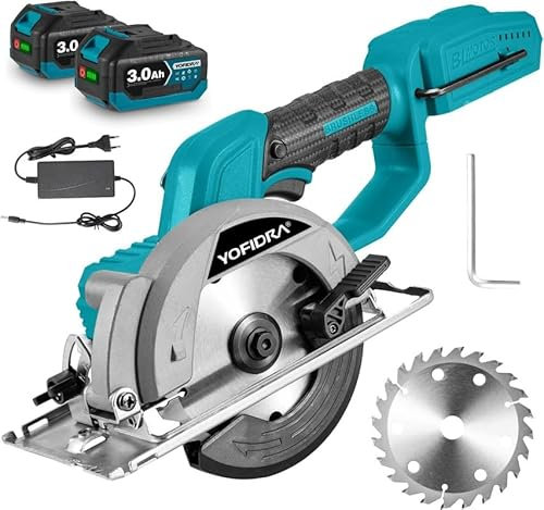 Yofidra 1400W Bürstenlose Mini Kreissäge, HandkreissägeAkku Handkreissäge mit 2x3.0Ah Akku, 6000rpm, 0-45° Max. Schnitttiefe 51mm, mit 1 Sägeblatt(140mm), Kreissäge Akku für Holz, Metall, Plastik