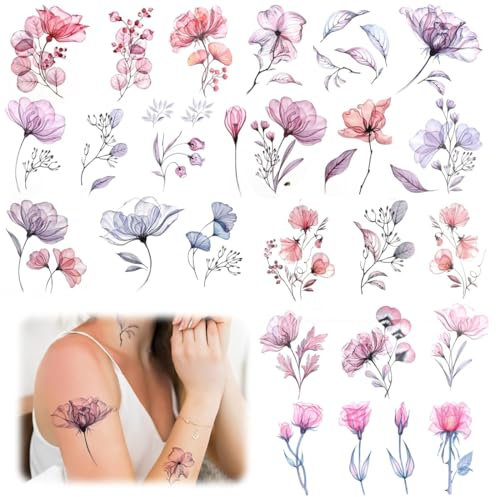OUDQFCJ adesivi per tatuaggi temporanei a fiori, tatuaggi adesivi impermeabili per adulti da applicare sulla pelle, adesivi per tatuaggi finti con foglie di fiori ad acquerello (20 pezzi)