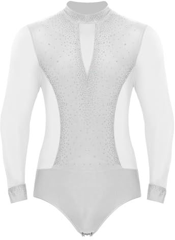 Sinleey Herren Latein Tanz Body Glitzer Gymnastikanzug Eislauf Turnanzug Langarm Kleidung Turnbody A Weiß L