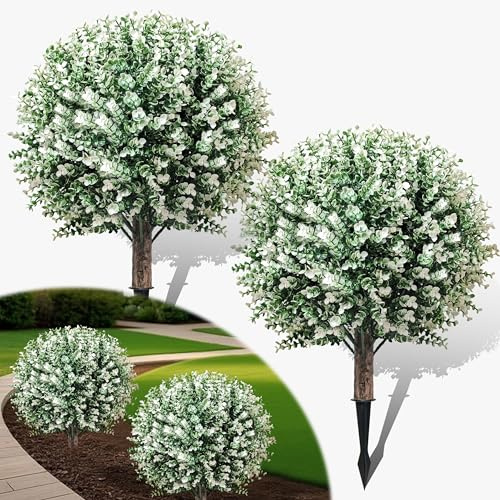 YUGYUM 2 Pack Artificial Boxwood Topiary Ball Trees, 62cm Outdoor UV Resistant Fake Shrubs with Spike, Faux Plants Greenery Bushes for Planters, Porch Office Home Decor- White