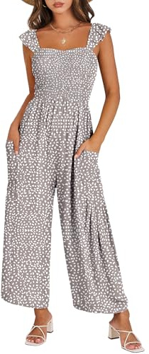 ANRABESS Jumpsuits for Women Dressy One Piece Summer Outfits Wide Leg Sleeveless Smocked Romper Jumpers Casual Beach Overalls Brown White Medium
