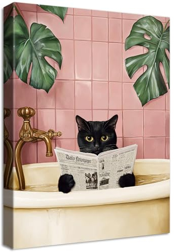 Stampa su tela Con Cornice Divertente Gatto Nero Pittura Quadri su tela Rosa Verde Piante Gattino che fa il bagno Quadri Moderni Animali Umorismo Bagno Vasca da Bagno WC Stampe da Parete 40x60cm