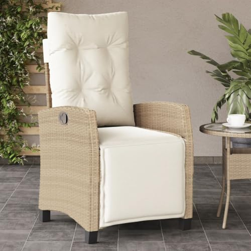 QZZCED Sillón Reclinable de Jardín con Reposapiés Ajustable en Ratán PE Beige para Exteriores, Estructura Robusta de Acero y Cojines Desenfundables, Ideal para Relajación al Aire