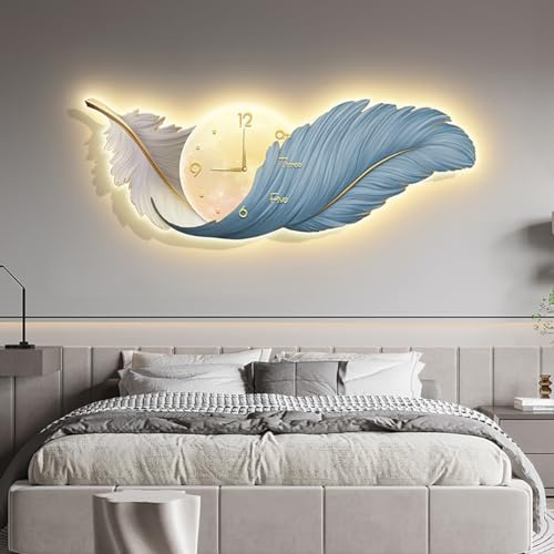 OAKVYNE Scultura Da Parete A LED 3D, Decorazione Murale In Piume Con Luci LED, Quadro Decorativo 3D E Orologio Da Parete Moderno Per Salotto, Studio, Camera Da Letto(C,90 * 30cm)
