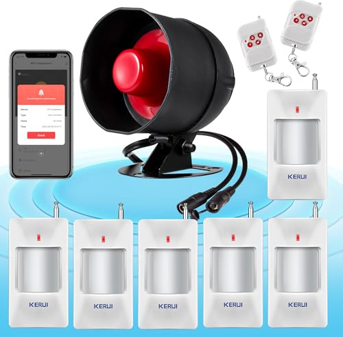 Sistema de Alarma WiFi, Sistema de Alarma Inalámbrico de 120 dB para la Seguridad del Hogar con Sirena, 6*Sensores de Movimiento Gratuitos y Mando a Distancia para Cobertizo y Garaje