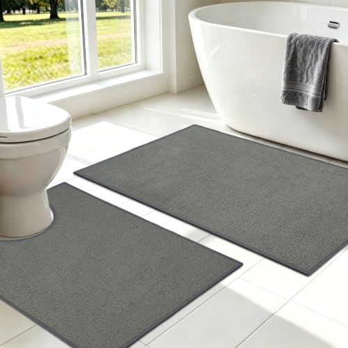 Famibay 2 Piezas Alfombra Baño Secado Rapido, Alfombrilla Baño Antideslizante Absorbente, Alfombra de Baño Lavable A Máquina para Bañera Ducha, Gris
