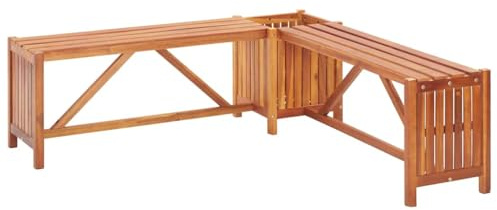 HETFTJN Panca ad angolo da giardino con vassoio per piante, 117 x 117 x 40 cm, in acacia massiccia, finitura ad olio, design moderno, robusto e durevole, per terrazza, balcone e giardino d'inverno