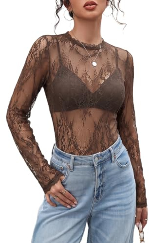 Avidlove Women's Lace Top Long Sleeve Sheer Blouse Irregular Hem T-Shirt | Round Neck,Stretch mesh fabric elegant floral lace pattern suitable for everyday wear Festival Rave Clubwear Outfit