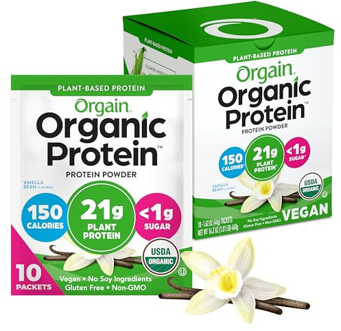 Orgain Organic Vegan Protein Powder, Vanilla Bean - 21g Plant Protein, 5g Prebiotic Fiber, Low Carb, No Lactose Ingredients, No Added Sugar, Non-GMO, 10 Single Serve Individual Packets