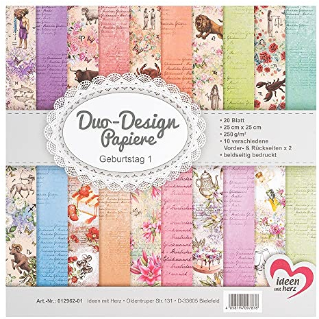 Ideen mit Herz Duo-Design-Papiere | Block mit 20 Blatt Bastelpapier | 25 x 25 cm | 250g/m² | beidseitig bedruckt | Designpapier, Motivpapier | ideal für Scrapbooking, Basteln (Geburtstag 01)