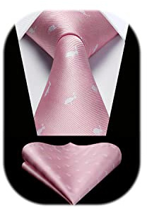 HISDERN Pink Tie for Men Rabbit Pattern Ties Handkerchief Novelty Animal Print Wedding Necktie & Pocket Square Set