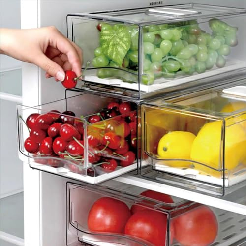 bealy 2 Pack Fruit Storage Containers for Fridge with Strainer, Reusable Stackable Clear Refrigerator Organizers and Storage for Fruit, Produce, Vegetables, Drinks, Snack and Food Fridge Organizer