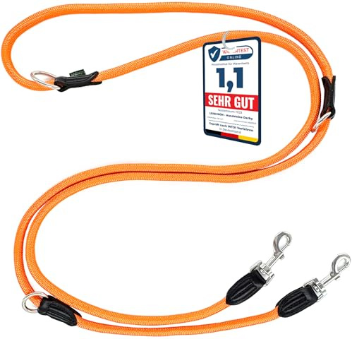 Leisegrün Verstellbare Hundeleine 3m - Robuste Nylon Doppelleine für mittelgroße bis große Hunde, 200kg Zugkraft, 2 Karabiner - Orange