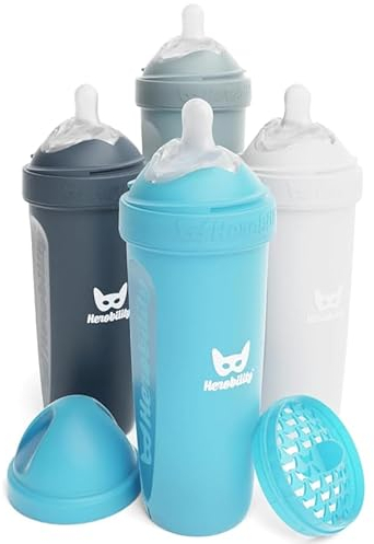 Herobility Doppelte Anti-Kolik-Babyflaschen – 12 fl oz/340ml – 4er-Pack – Mehrfarbig baby flaschen – Weiß, Grau, Eisenblau, Blau