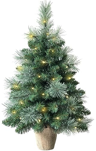 Pre-lit Mini Artificial Christmas Tree 60cm/2ft,68 PVC Branches Tips & 17 Flowering Pine Needles & LED String Lights & Burlap Wrapped Base Green Xmas Tree for Tabletop