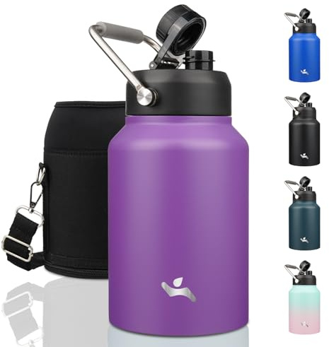 Konokyo Half Gallon Jug with Handle,64 oz Insulated Water Bottle with Carrying Pouch,Double Wall Vacuum Stainless Steel Metal Bottle,Purple